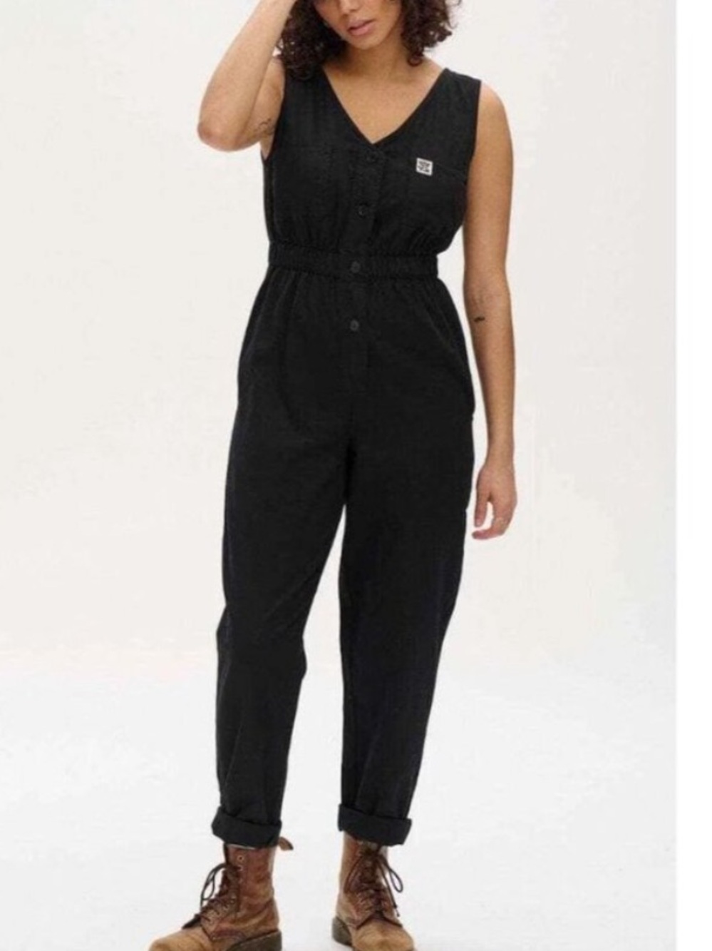Lucy & Yak Juni V Neck Boilersuit Black Organic Cotton Sleeveless Jumpsuit